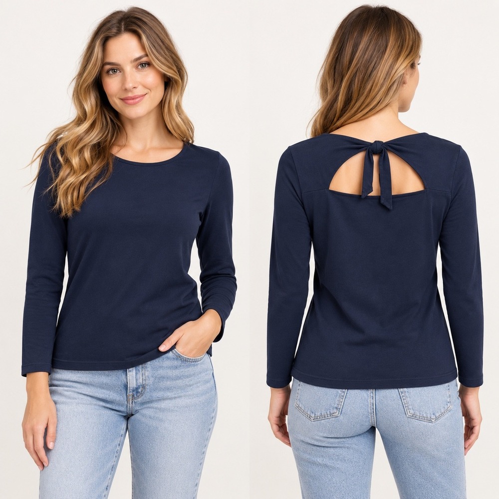 J.Crew Womens XXS Navy Blue Long Sleeve Cutout Tie Back Cotton Jersey Top